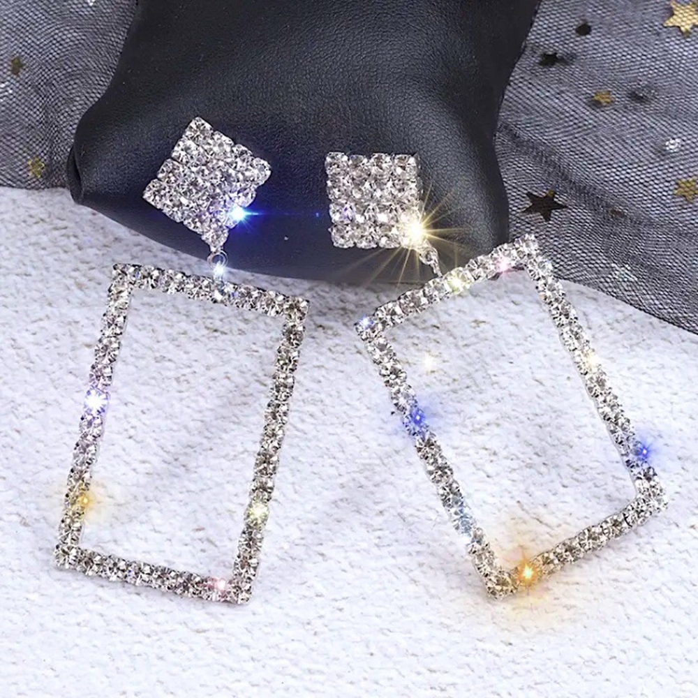 ⚜️[𝟯/$𝟭𝟴]⚜️NEW 925 Large Rhinestone Rectangular Drop Earrings - Picture 2 of 6
